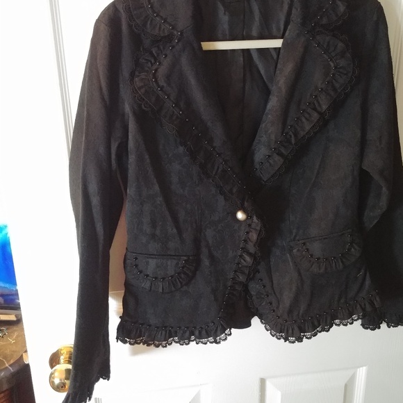 Black beaded lace trimmed blazer Sz M Jensato - Picture 1 of 7